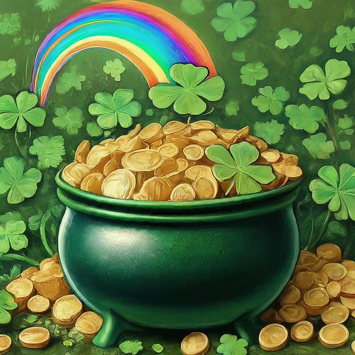 Pot of gold with rainbow and shamrocks
